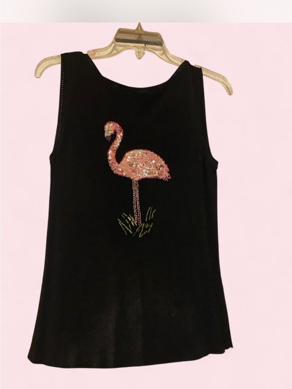 Sweaterworks Black Tank Top with Pink Sequin Flamingo